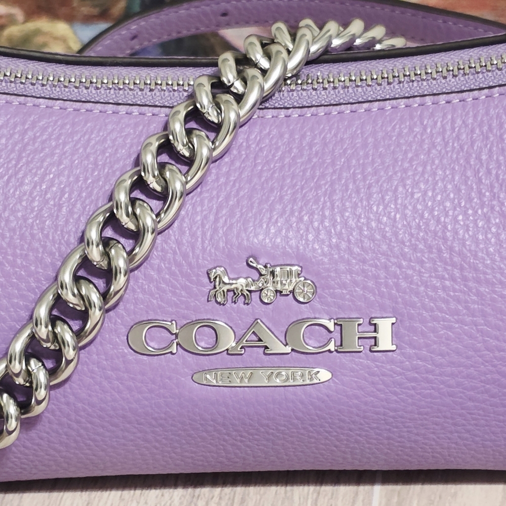 Coach Charlotte Shoulder Bag Pebbled Leather Crossbody Purple Iris Silver chain - Picture 3 of 16